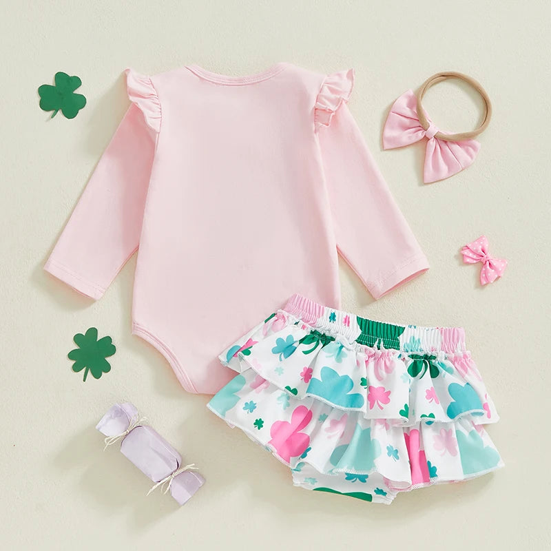 St Patrick s Day Toddler Girl Green Shamrock Print Long Sleeve Romper Ruffle Shorts Headband 3-Piece Outfit Set