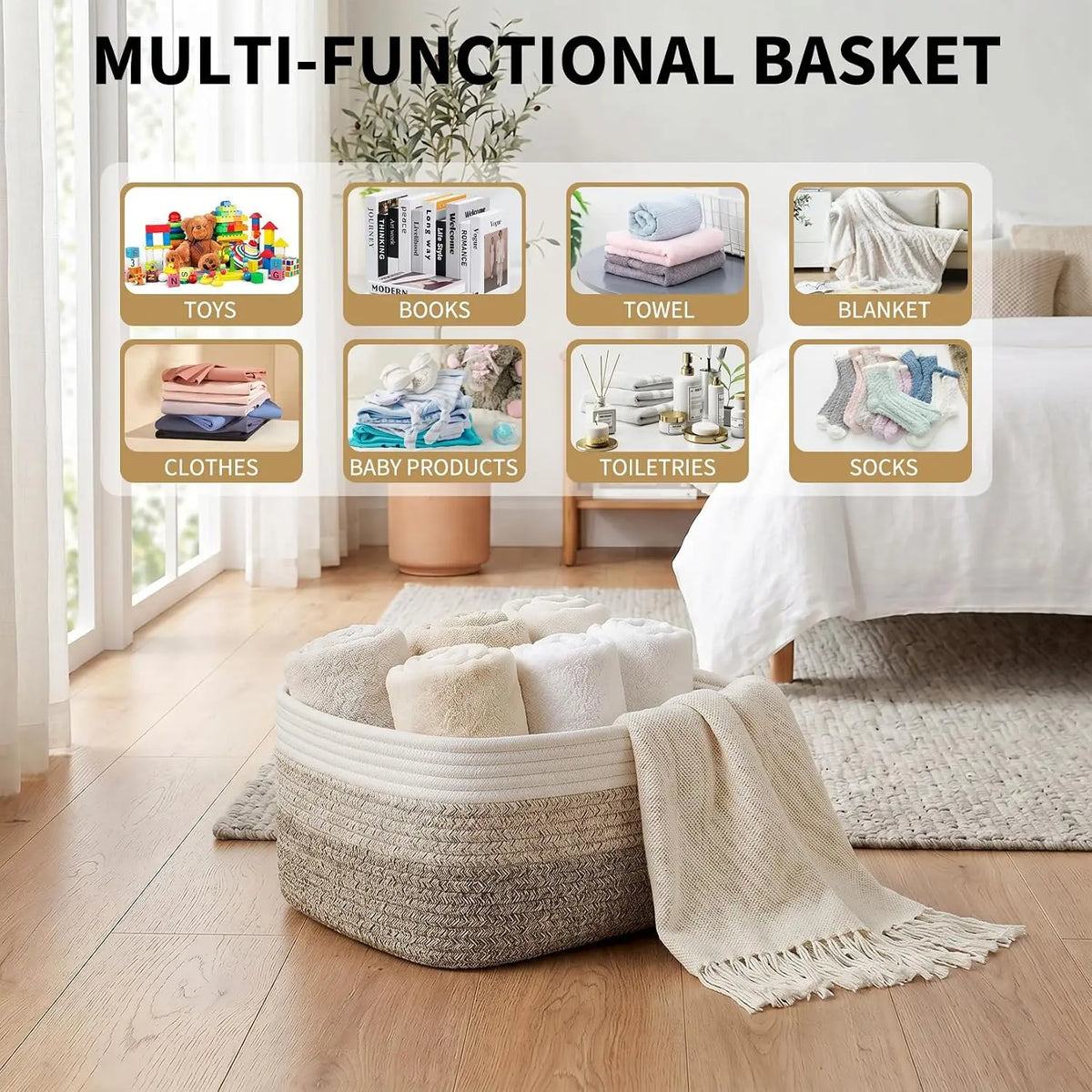 oft Cotton Rope Woven Storage Baskets Set - 3 Pack Rectangular Shelf Bins 11.8 x 7.5 x 4.7 in - No Handles, Closet Bathroom Nursery Toy Makeup Shelves & Tabletop Organizer
