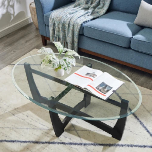 48 Inch Oval Glass Coffee Table with Black Wood Frame for Living Room