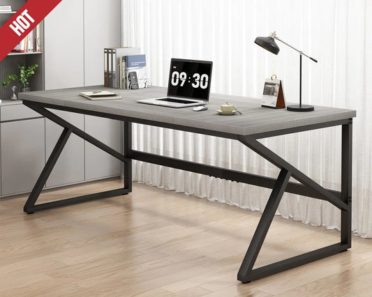 70 Inch Long Grey Desk, Large Home Office Computer Desk for 2 People, Industrial Wood and Metal Executive Work Writing Study