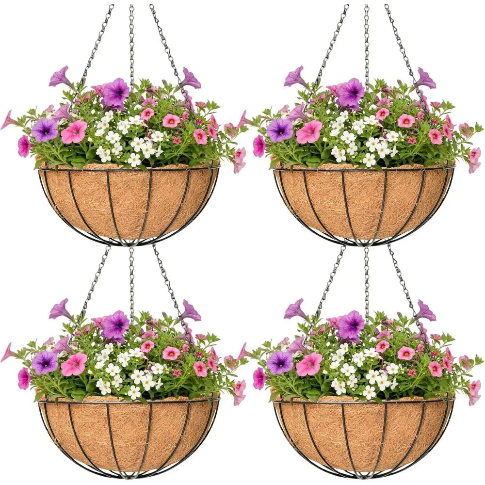 4 Pack 16 Inch Metal Hanging Planters with Coco Coir Liners Round Wire Plant Holders Chain Flower Baskets Outdoor Garden Decor