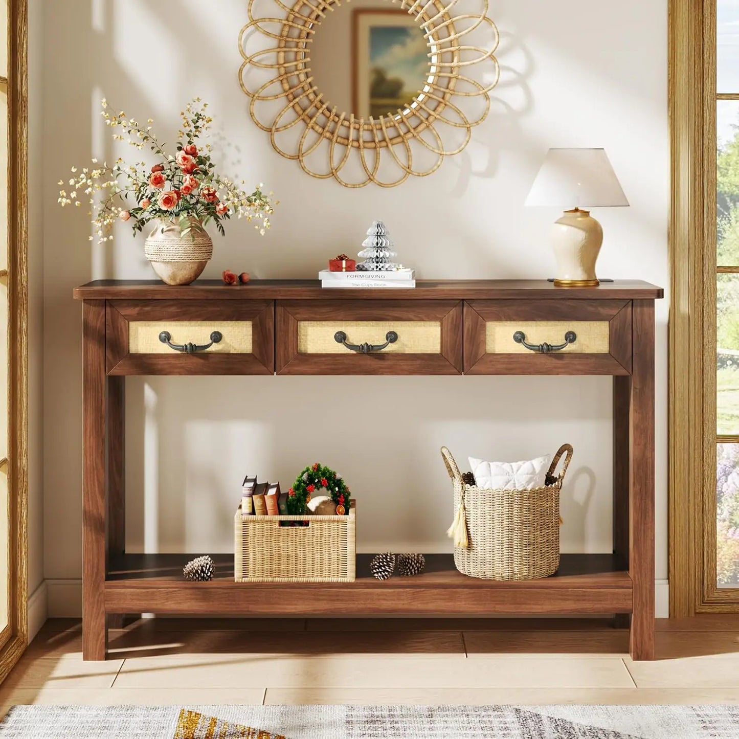 47.2" Console Table with 3 Rattan Drawers, Long Sofa Table with Storage Behind Couch, Farmhouse Entryway Table with, Customized