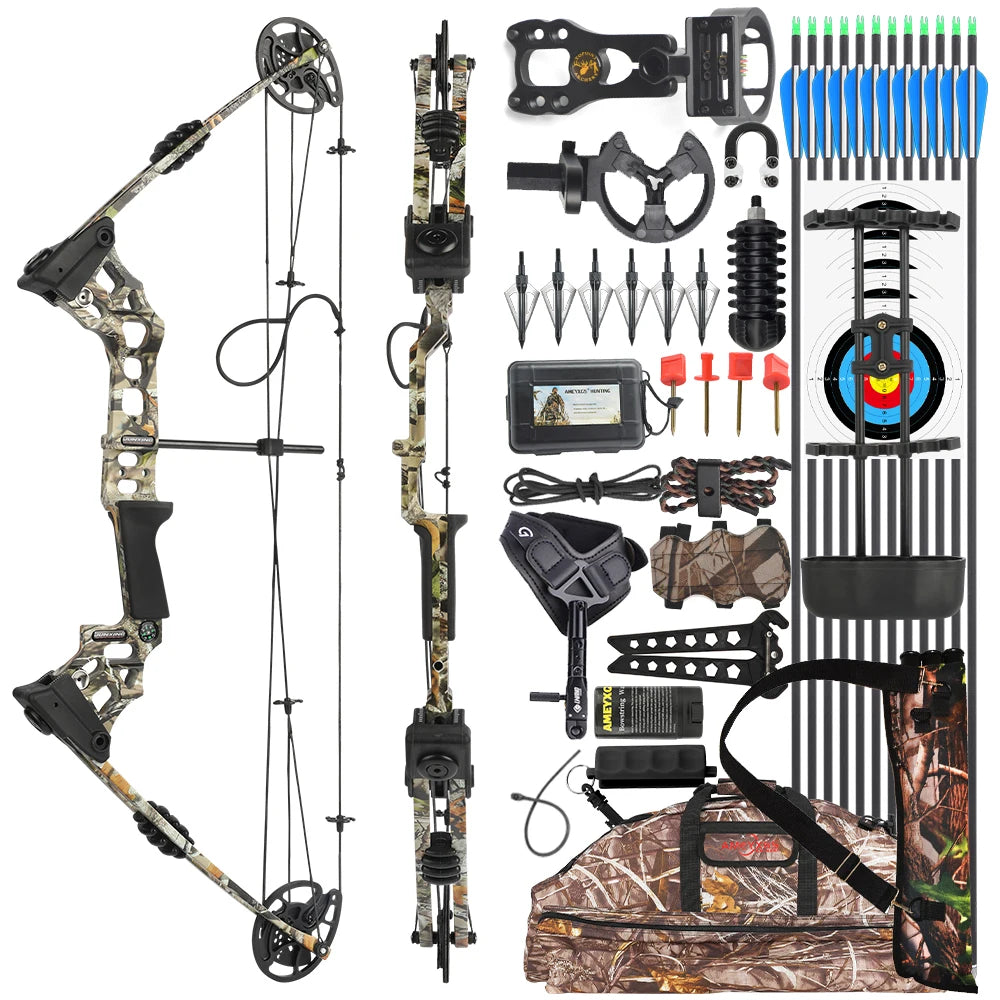 Adjustable Compound Bow Arrow Set with Spine 500 Carbon Arrows 20-70lbs 320FPS High-Strength Alloy Handle RH/LH for Adults Beginners Hunting Shooting Target Practice Outdoor Accessories