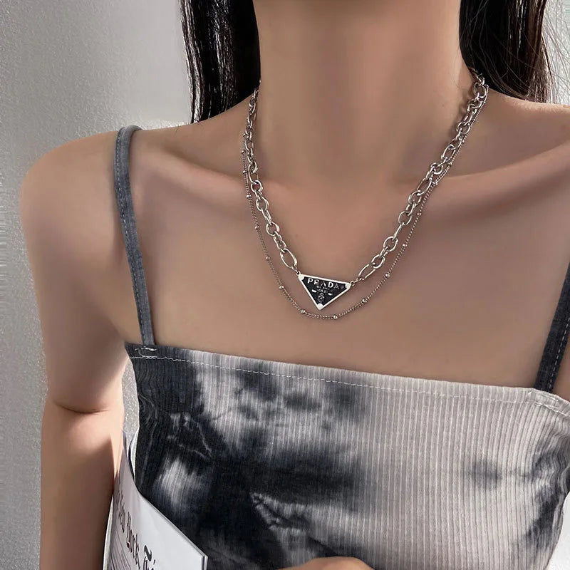 Multi layered necklace with stainless steel punk style hip-hop collarbone chain for couples to wear as holiday gift