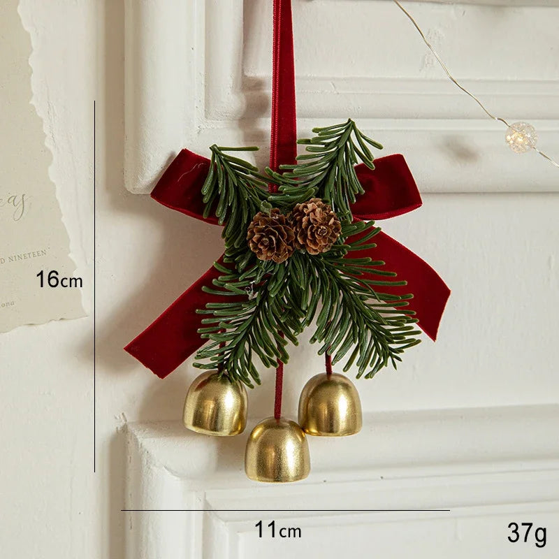 Christmas Jingle Bells Door Hanger Ornament Velvet Bow Pine cone Bell Pendants for Christmas Decoration 2024 Christmas Gift Noel
