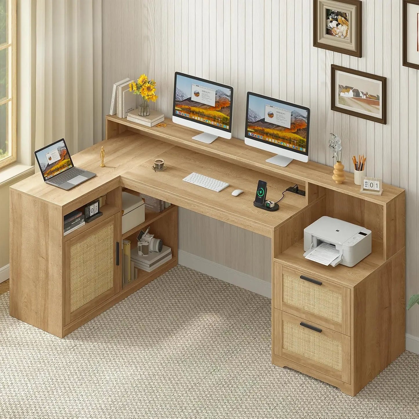 62.2" Farmhouse L Shaped Home Office Desk, Drawers, Storage Shelves & Power Outlet, Custom