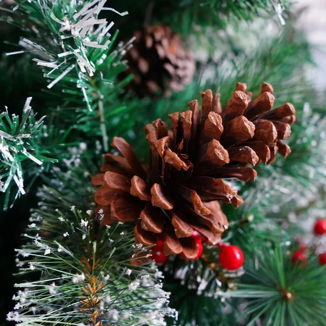 7FT Unlit Artificial Christmas Tree w/ Pinecones and Red Berries,Full Realistic Spruce Xmas Holiday Decor,Easy Setup Metal Stand