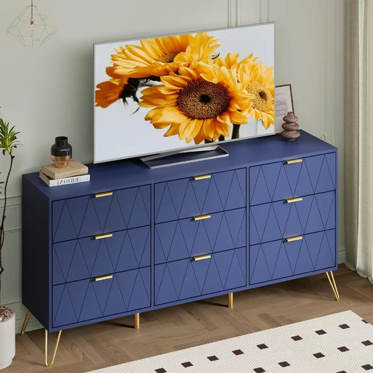9 Drawer Dresser Navy with Gold Handles for Bedroom, Chest of Drawers & Long Dresser with Deep Drawers, Modern Wood Dressers