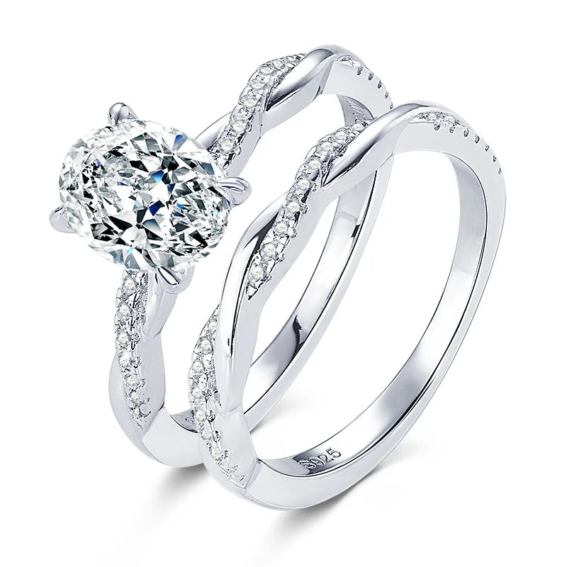 Oxtao 2CT Oval Cut Moissanite Engagement Ring Set D VVS1 Sterling Silver