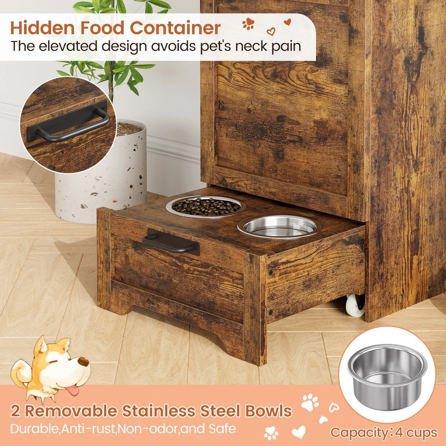Pet Food Cabinet Flip Top Dog Food Storage Cabinet,Dog Feeding Station with 2 Elevated Bowls, Pet Toy Storage Organizer