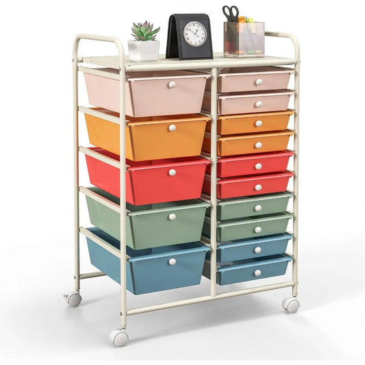 15-Drawer Rolling Storage Cart, Multipurpose Movable Organizer, Utility Cart for Home, Office, School, Macaron Color