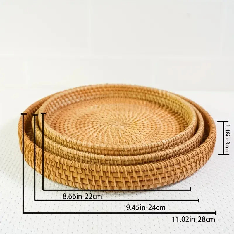 Circular rattan tray, storage basket, natural hand woven basket, bread, fruit and food tray, household kitchen supplies tray
