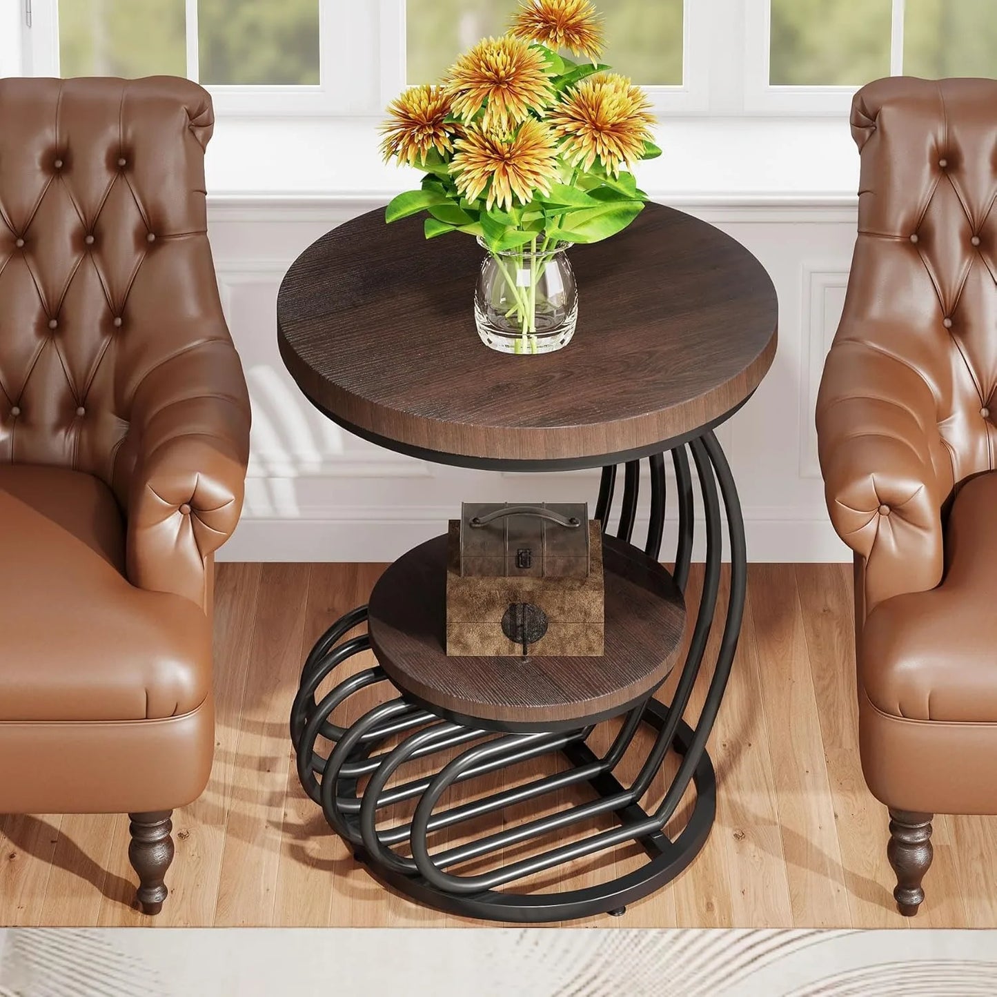 Round End Side Table: Side Table with 2 Tiers Storage Shelves, Small Bedside Table Accent Table with Arc-Shaped Frame