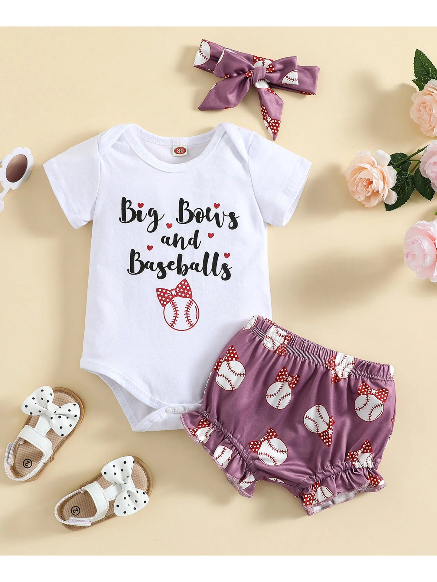 3 Pcs Newborn Casual Outfits Toddler Letter Print Short Sleeve Round Neck Bodysuit Baseball Print Shorts Bow Headband