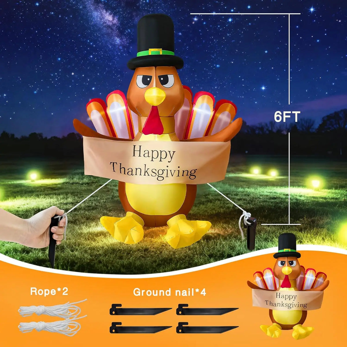 6 FT Thanksgiving Inflatables Turkey Decoration with Built-in LED Lights for Outdoor Lawn Yard Blow up Turkey Decor