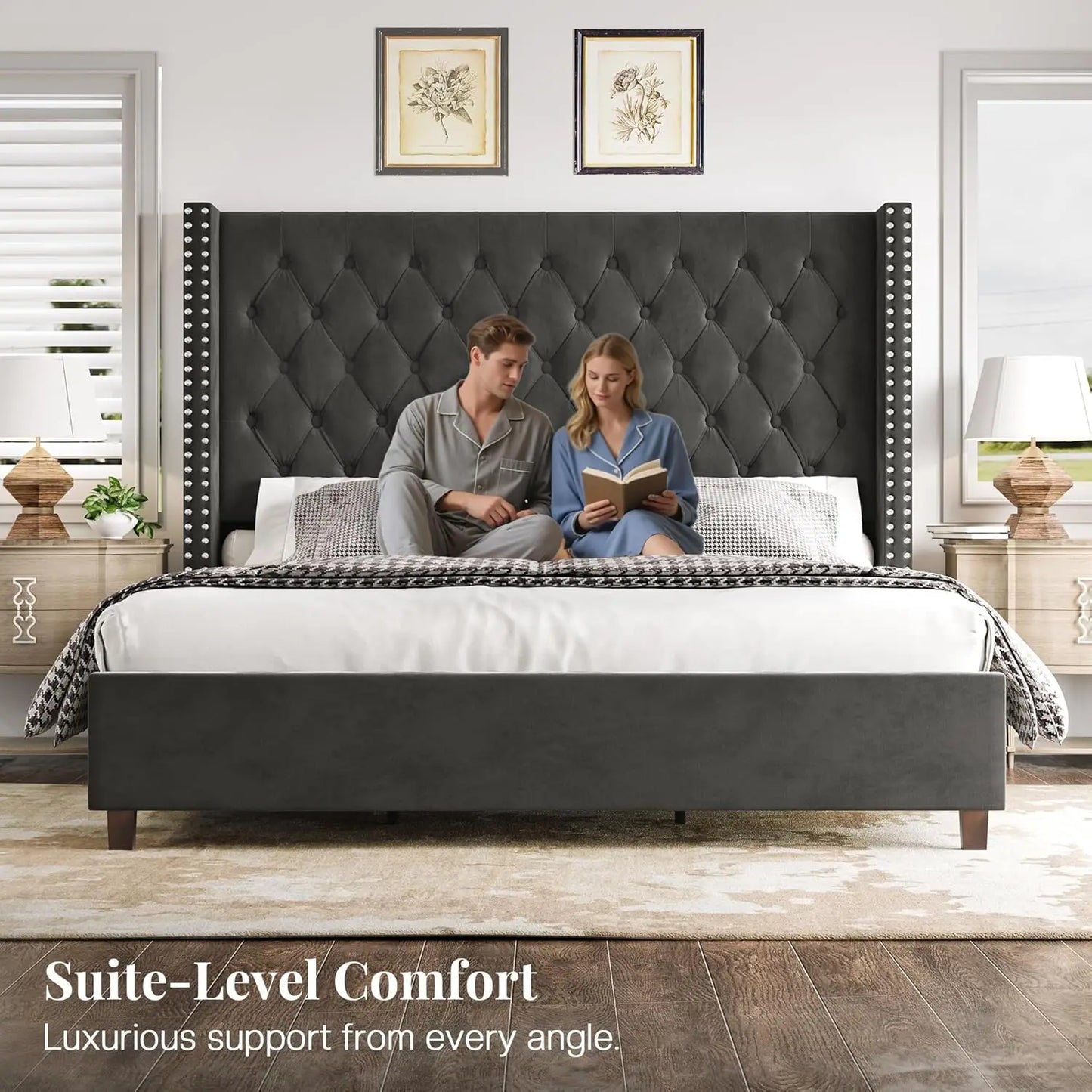 King Size Bed Frame Wingback Velvet Upholstered Platform Deep Button Tufting Solid Wood Legs No Box Spring Black, Customized