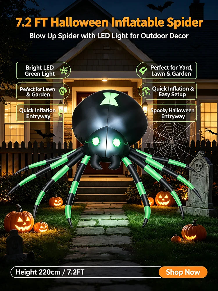 Giant 7.2FT LED Glowing Inflatable Spider Creepy Blow Up Yard Decor with Stakes & Blower, Outdoor Halloween Airblown Spider for Lawn Garden Party Quick Setup & Fast Deflate Design USA Warehouse Fast Shipping
