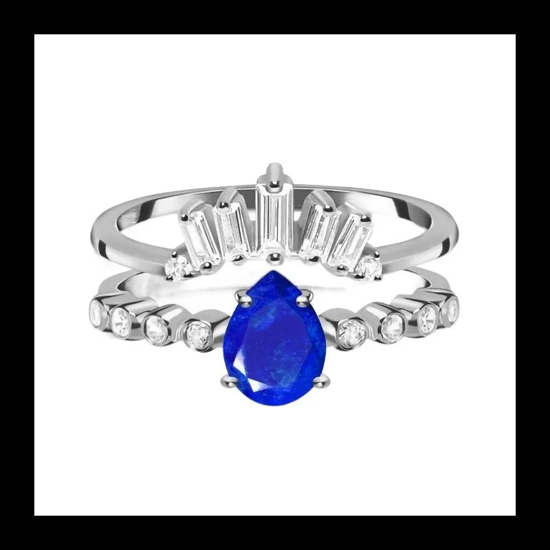 Silver Water Drop Sapphire Micro Zircon Double Ring Niche Design about Light Luxury Exquisite Jewelry