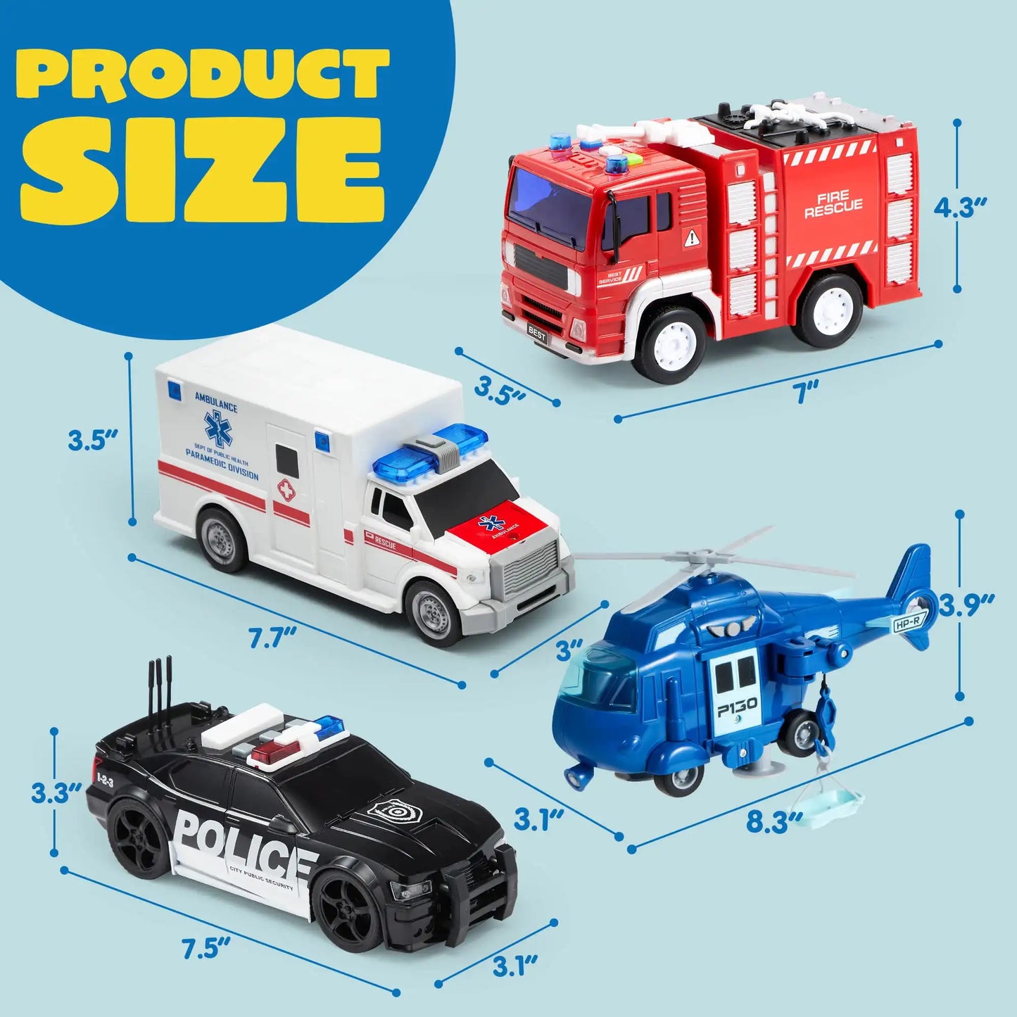 Joyfy 4 Packs Emergency Vehicle Playset Friction Powered Truck Ambulance Fire Truck Police Car Helicopter for Kid Birthday Gifts