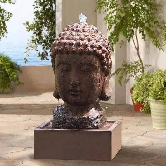 Buddha Water Fountain Outdoor Indoor Zen Statue Decor Large Fiberglass Decorative Fountains in Rock Color 24" Height