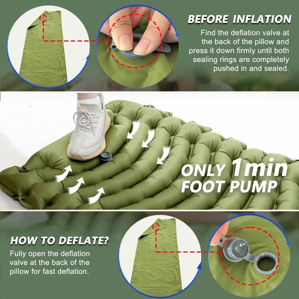 Ultralight Compact Inflatable Sleeping Pad with Pillow Foot Pump for Camping Backpacking Hiking