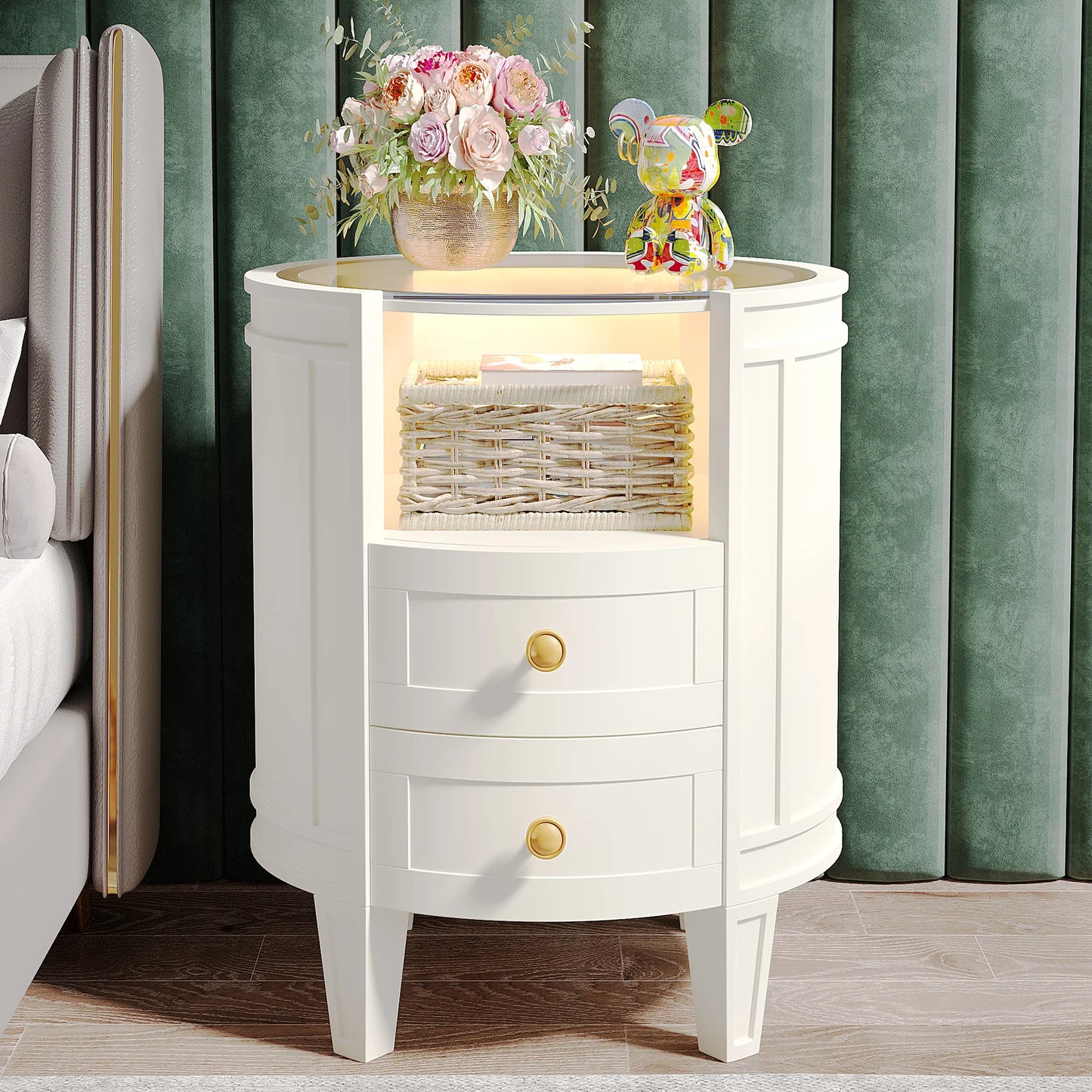 LITTLE TREE 2-Drawer Nightstand with Glass Tabletop, Modern White Oval LED Nightstands, No Assembly Required