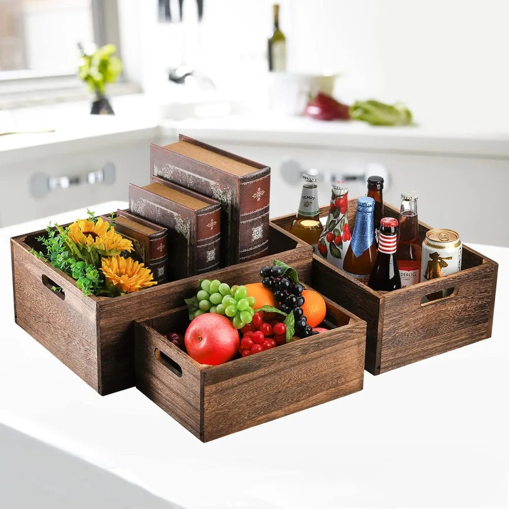 Set of 3 Nesting Wood Storage Crates with Handles Rustic Farmhouse Baskets Solid Handmade Containers