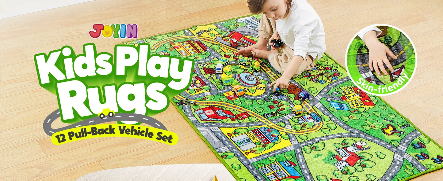 JOYFY Carpet Playmat w/ 12 Cars Pull-Back Vehicle Set for Kids Age 3+ Jumbo Play Room Rug City Pretend Play Multiple Color