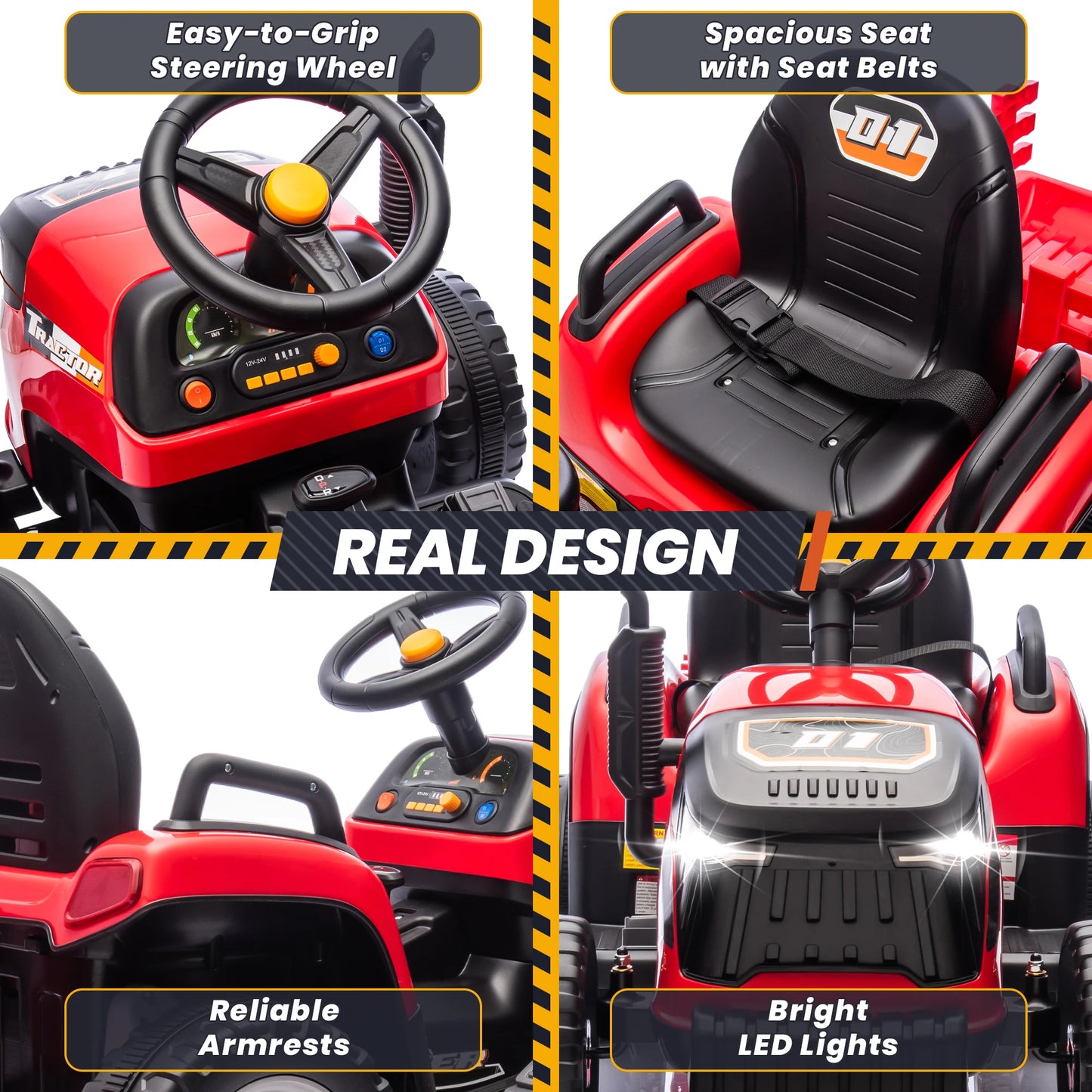24V Kids Ride On Tractor w/400W Motors, 2-IN-1 Power Tractor Wheels w/Remote Control, Tiltable & Detachable Trailer, Adjustable Seat, Music, 24Volt Ride On Toys Electric Tractor for Kids
