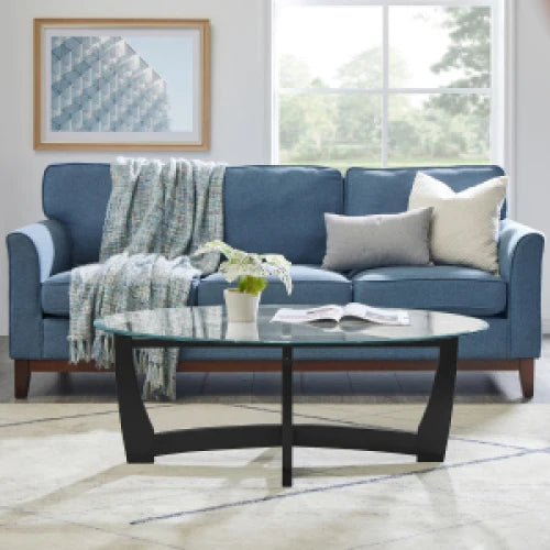 48 Inch Oval Glass Coffee Table with Black Wood Frame for Living Room