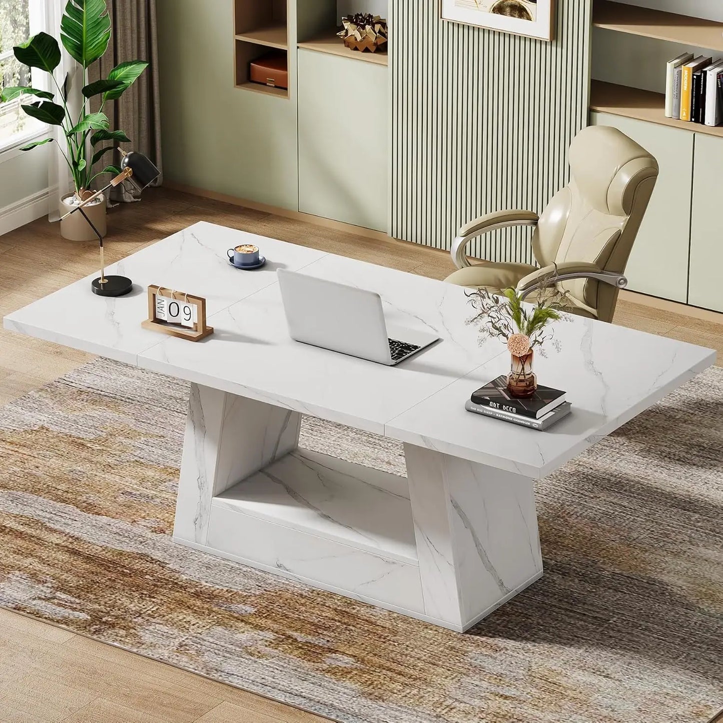 Modern Computer Desk, 63-Inch Large Office Desk , Simple Style Executive Desk, Faux Marble Writing Desk for Home Office