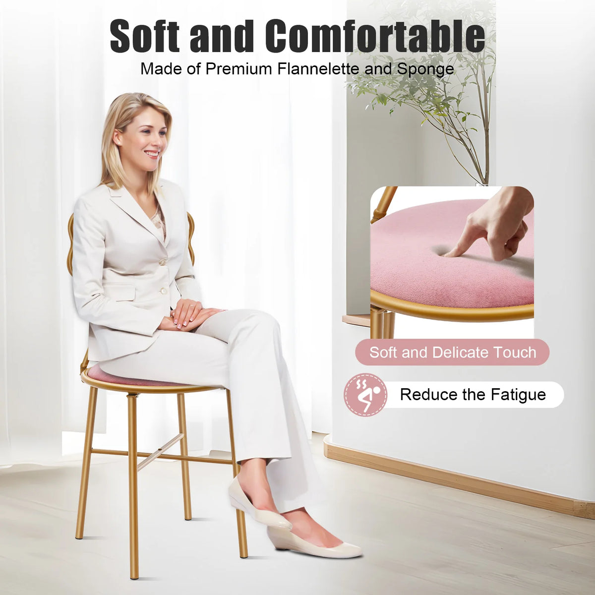 Pink Butterfly Back Flannelette Vanity Stool Makeup Chair for Bedroom Dresser
