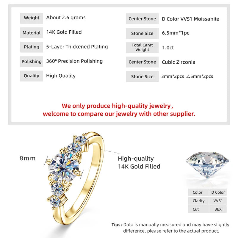 Oxtao 1 Carat Moissanite Engagement Ring 14K Gold Filled for Women