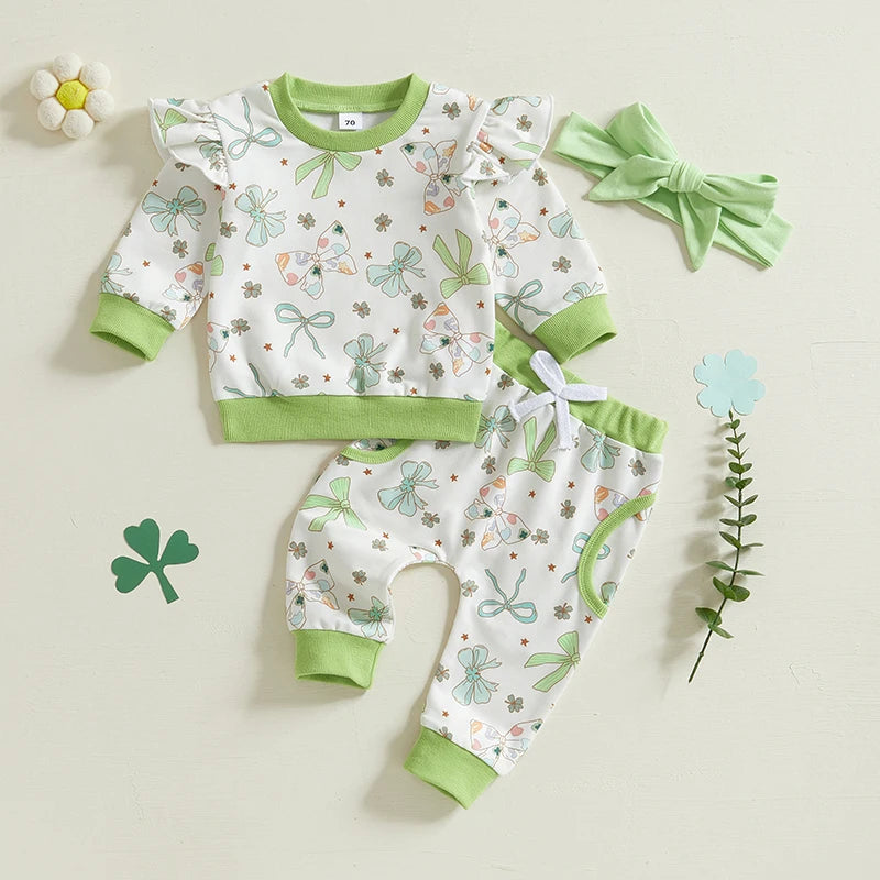St Patrick's Day Baby Girl Outfits Green Shamrock Print Ruffle Sleeve Top Pants Headband 3Pcs Set