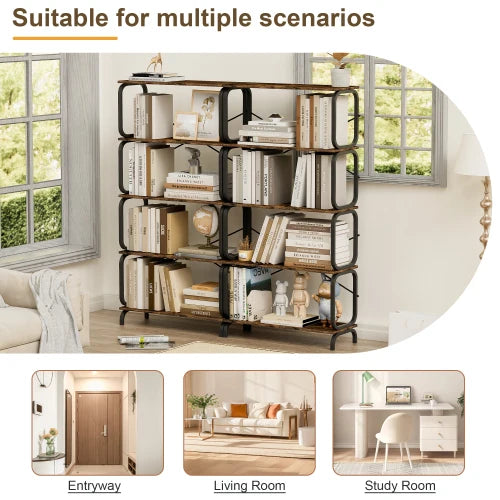 5-Tier Industrial Bookshelf - Rustic Brown, Open Wood & Metal Design, Vintage Storage Organizer
