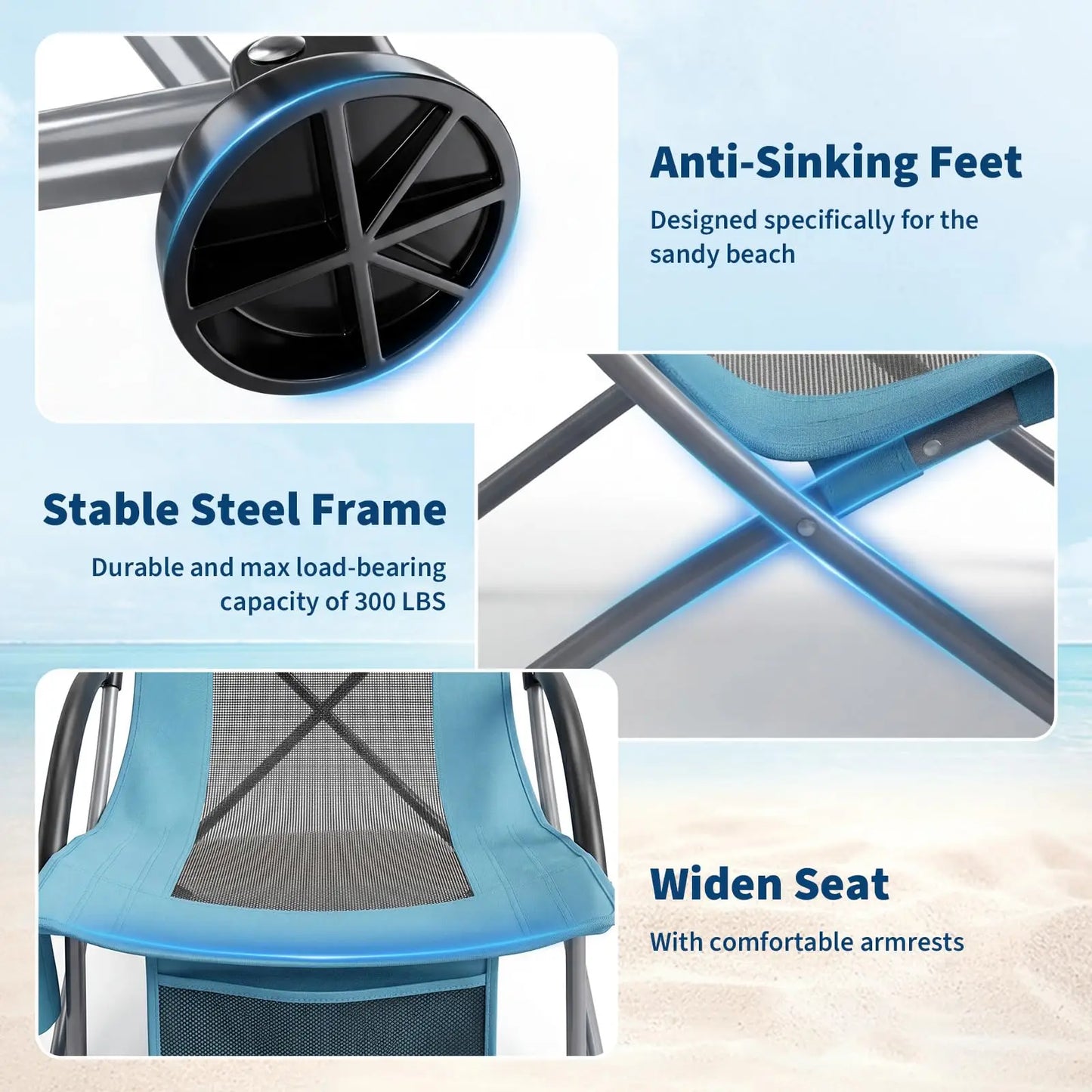 High Back Beach Chair,Folding Beach Chairs, Extra Wide Seat Chair with Cup Holder, Storage Pocket & Carry Bag for Camping Travel