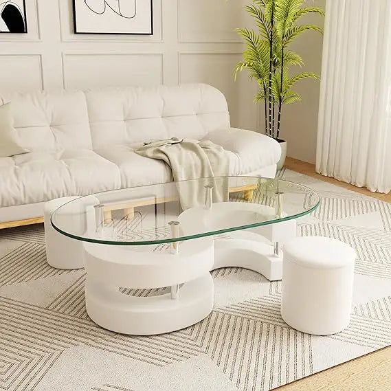 Oval Glass Coffee Table Set of 3, 0.39" Tempered Glass Top and S Shape Base, Modern Center Table with 2 Leather Stools, Accent C