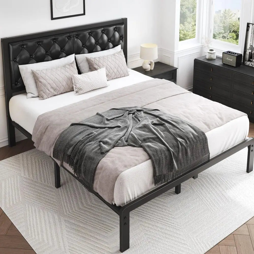 Queen Upholstered Bed Frame with Tufted Headboard Metal Slats No Box Spring