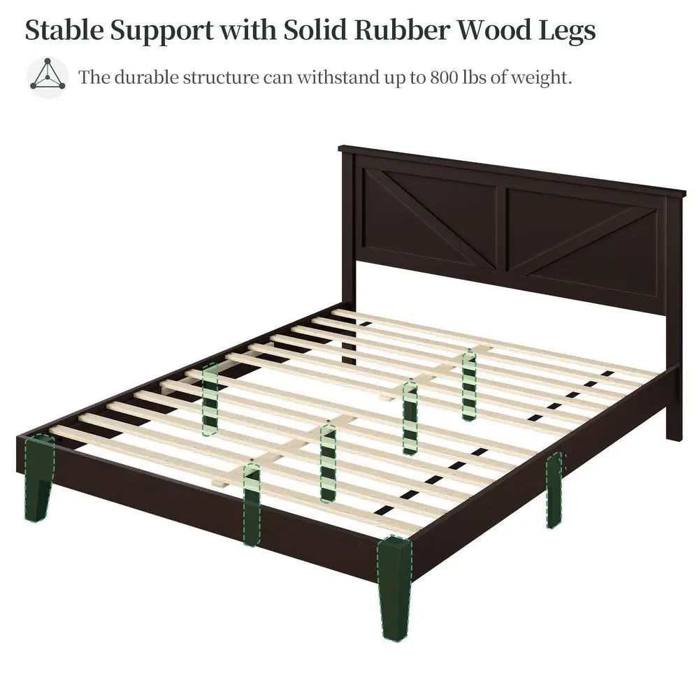 Full Size Espresso Wood Platform Bed Frame With Farmhouse Headboard 12 Slats