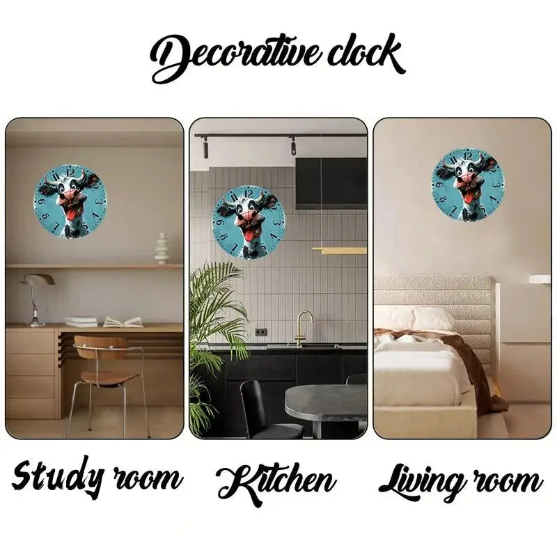 DIY 2D Flat Creative Cow Design Wooden Round Silent Hanging Wall Clock, Suitable For Living Room, Office,Study Room,Bedroom, Home Decoration
