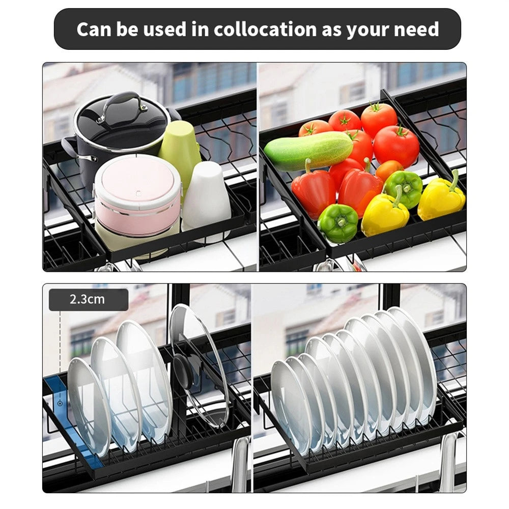 Dish Drying Rack - Over The Sink Dish Drainer Drying Rack with Utensil & Knife Holder, Hooks, Stainless Steel Kitchen Organizers