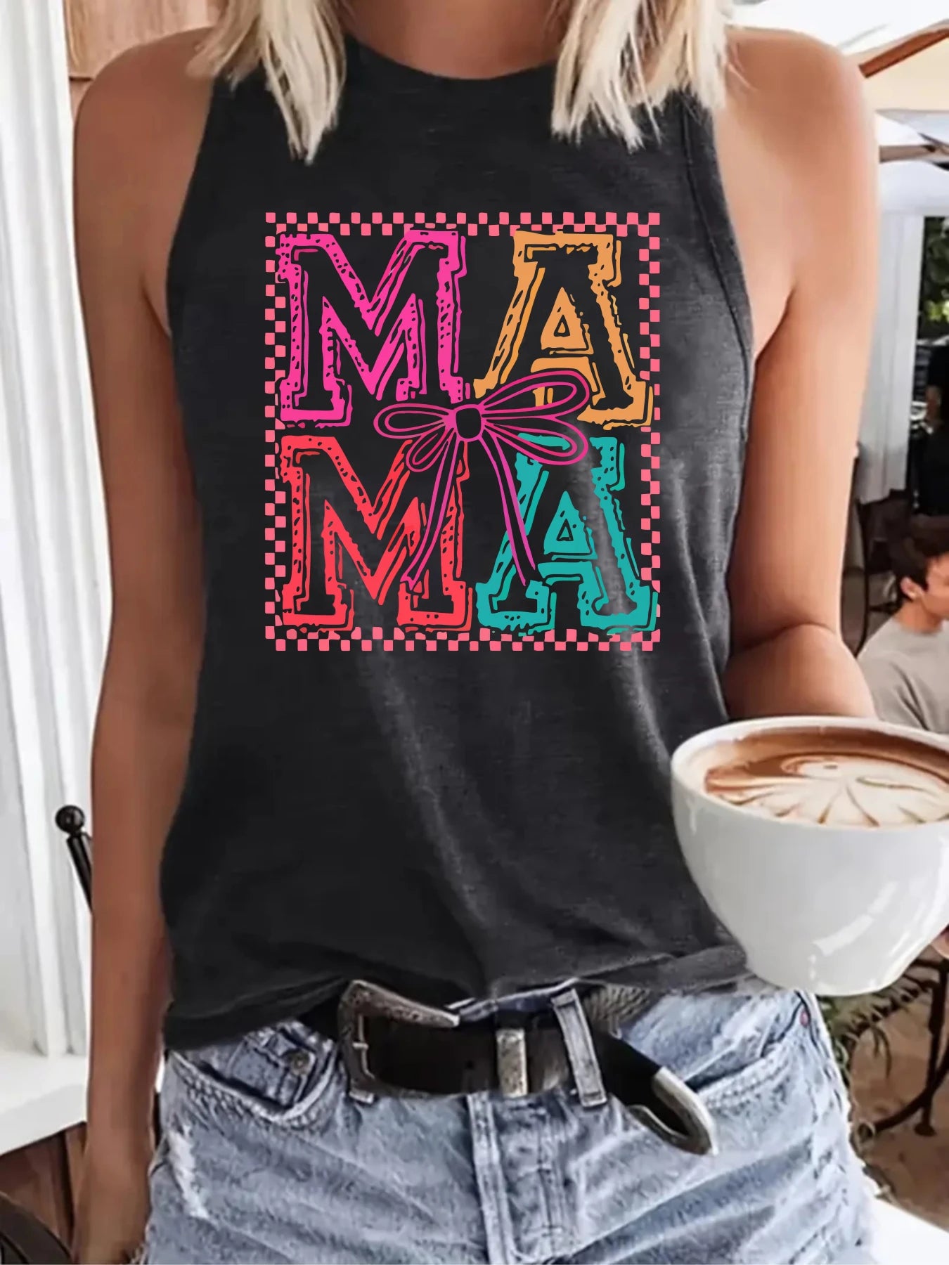 Women's plus size tank top Mama Pattern With Bow And Checkered Border Mother's Day gift womens clothes summer beach vacation top