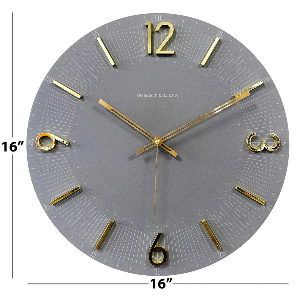 Contemporary 16 Inch Analog Wall Clock Gray with Raised Gold Numbers Quartz Movement Home Office Decor