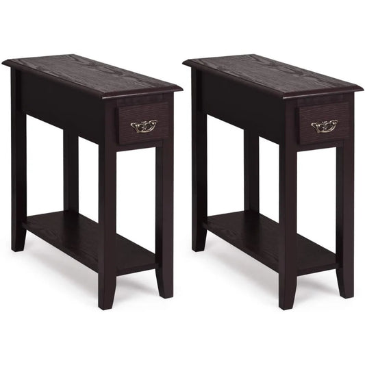 Narrow End Table, Slim Side Table with Drawer and Open Shelf, Small End Tables for Small Spaces, Narrow Nightstand Bedside Tabl