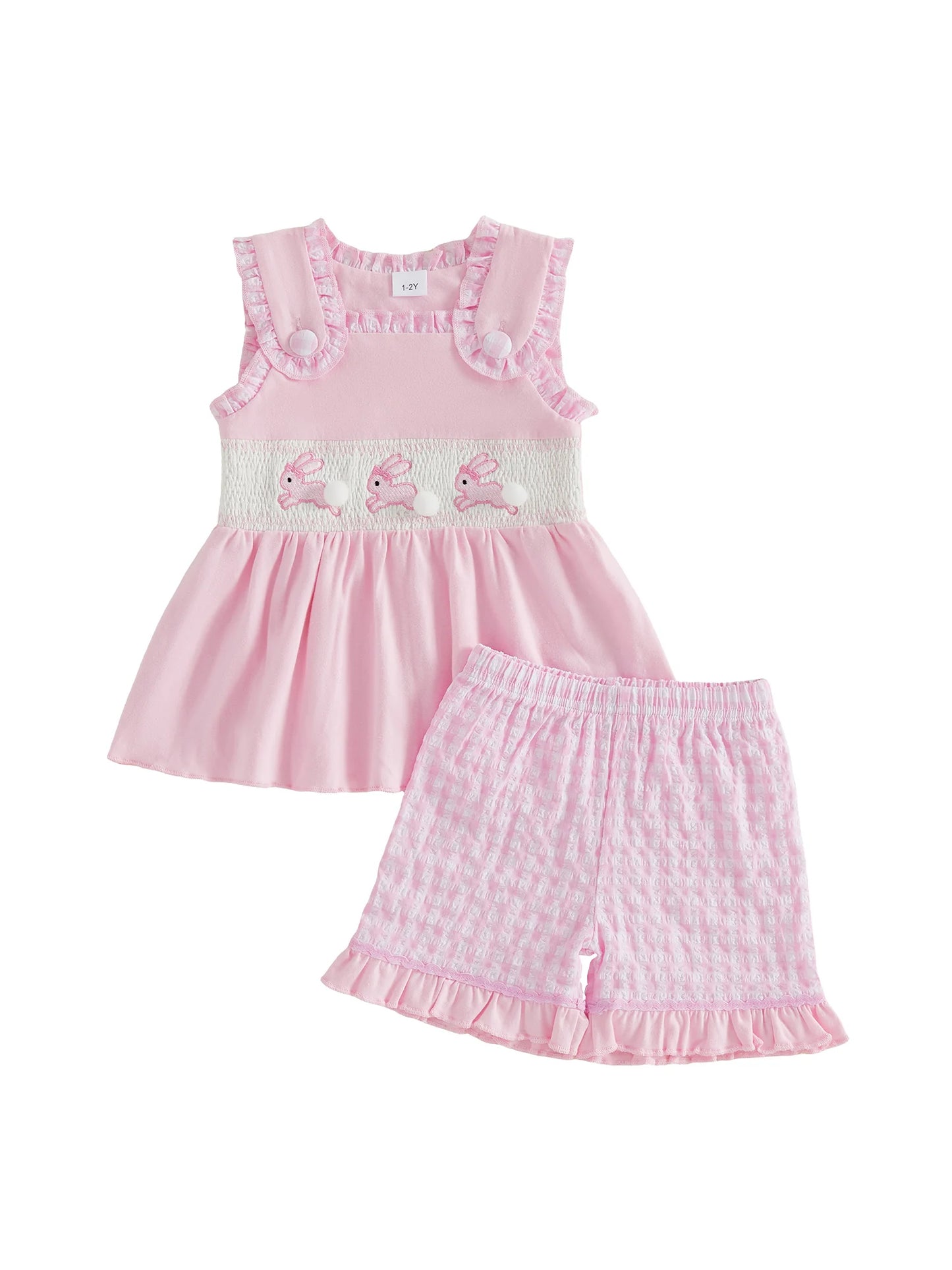 Sweet and Stylish Girls Easter Outfits Featuring Cute Bunny Embroidery Sleeveless Design and Plaid Shorts - Perfect for
