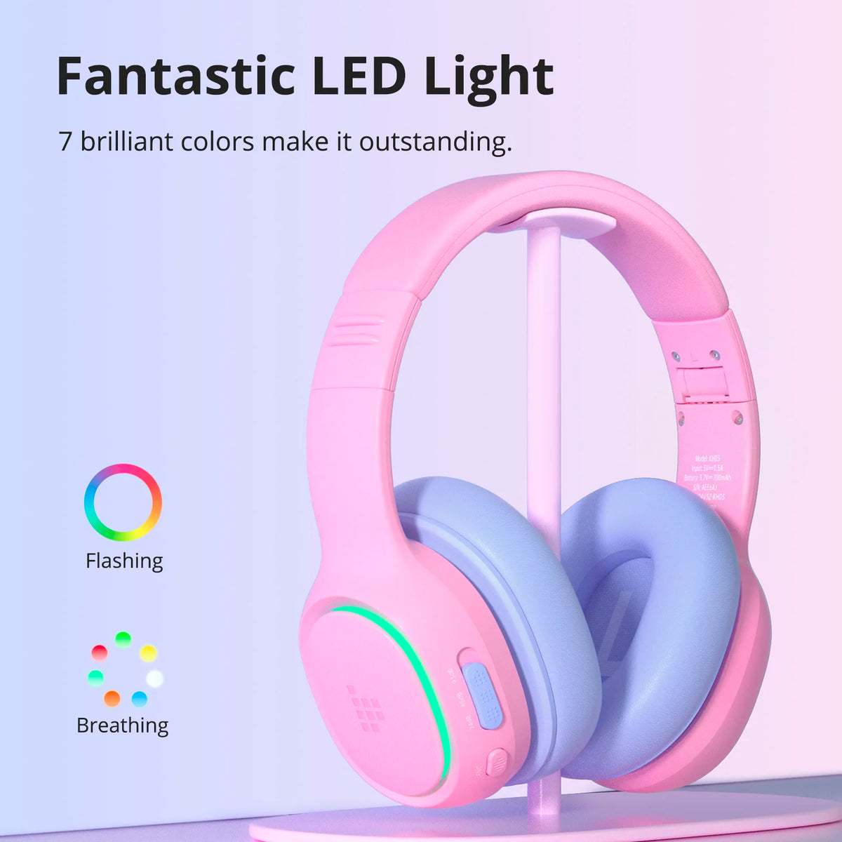 Tronsmart KH03 Active Noise Cancelling Kids Headphones, Foldable Bluetooth Headset with HD Mic for Class Clarity, Soft Protein Earpads, 7-Color LED, Safe Volume Limit, 70H Battery for Travel/Study