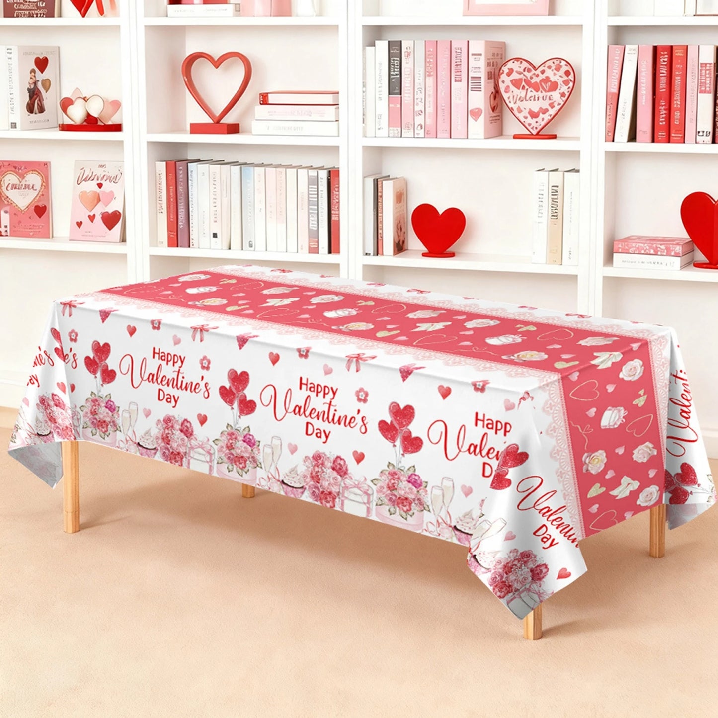 Valentine's Day Decorative Plastic Tablecloth with Romantic Rose and Heart Design for Party