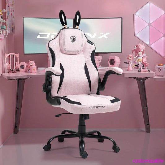 Gaming Chair with Removable Cute Bunny Ears, Desk Game Chair Adiustable Height Cloth for Girl, Ergonomic Computer Chair