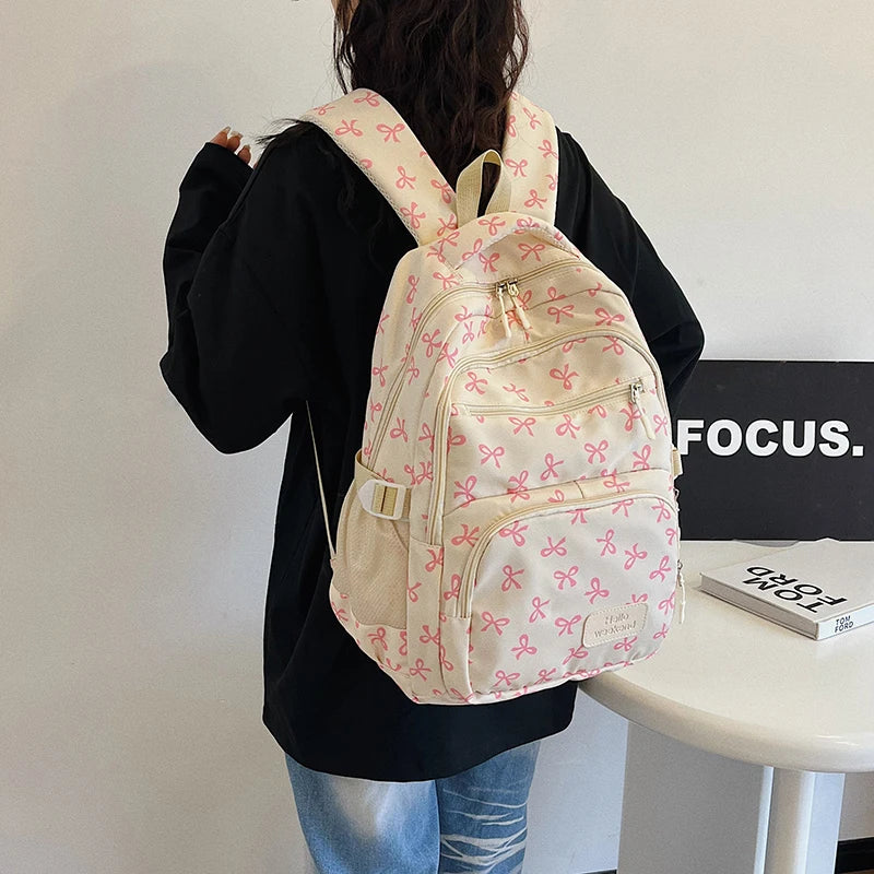 3Pcs/Set Bow Print Backpack with Crossbody Bag and Small Purse Bow Student Bookbag Simple Backpack for Elementary Middle Kids