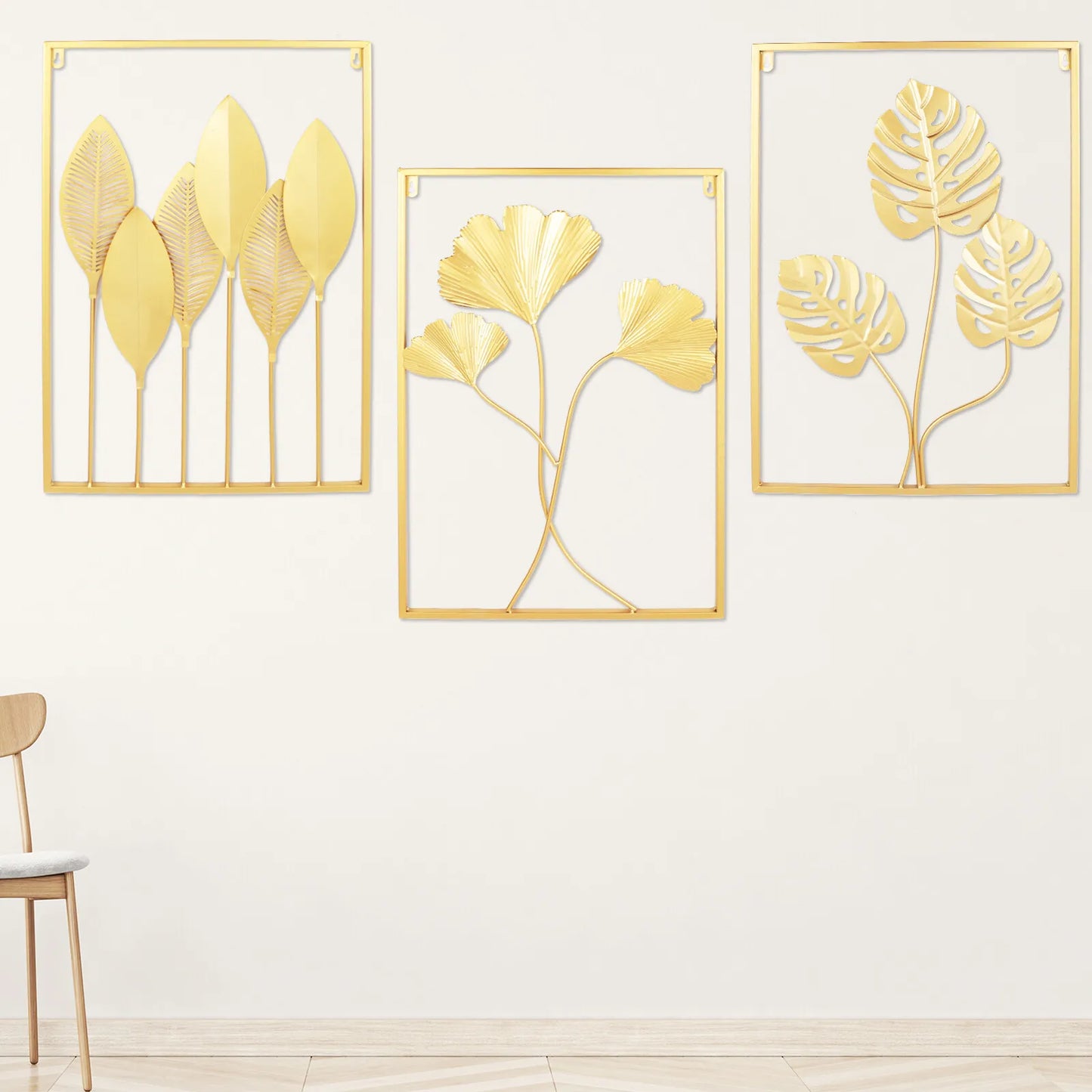 3-Piece Gold Leaf Wall Art Set, 3D Hollow Iron Panel Decor, Modern Abstract Leaf Design for Living Room Bedroom